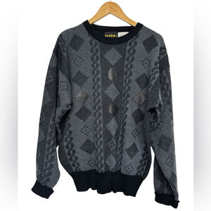 Vintage Nordic Sweater Geometric Knit 80s 90s Black Gray XL